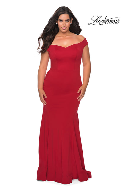 Picture of: Off the Shoulder Plus Size Jersey Prom Dress in Red, Style: 28963, Main Picture