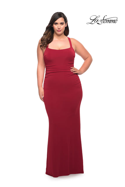 Picture of: Ruched Long Jersey Plus Dress with Square Neckline in Red, Style: 29590, Main Picture