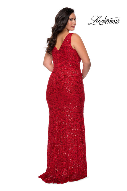Picture of: Printed Sequin Plus Size Dress for Curves with V-Neck in Red, Style: 29001, Back Picture
