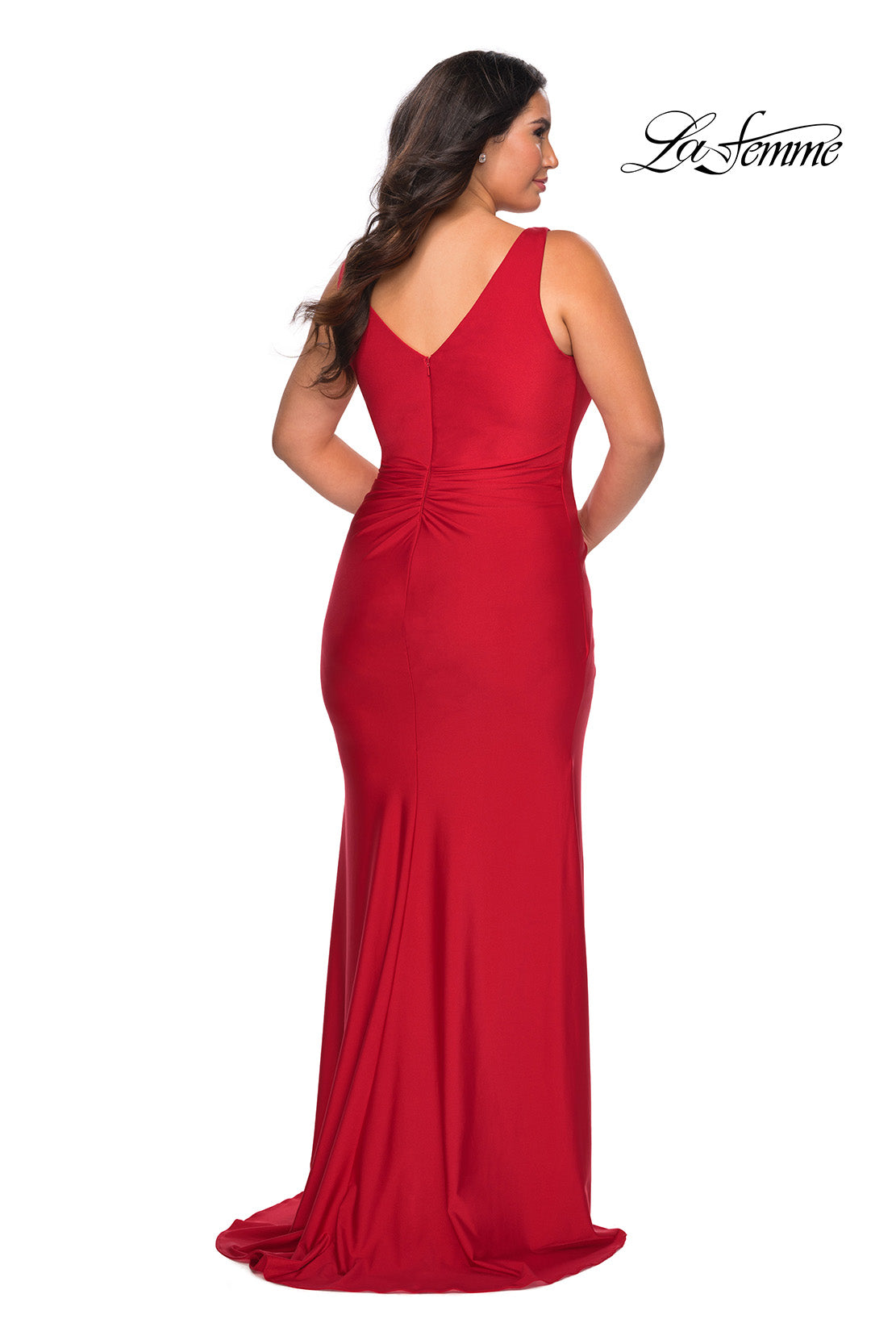 Picture of: Curvy Jersey Prom Dress with Ruching and Slit in Red, Style: 29024, Back Picture