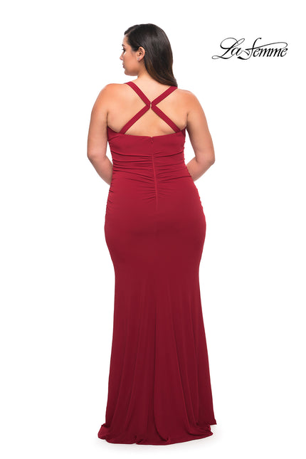 Picture of: Ruched Long Jersey Plus Dress with Square Neckline in Red, Style: 29590, Back Picture