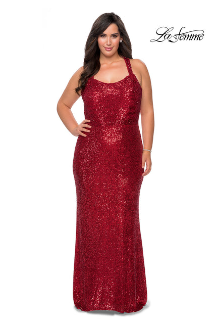 Picture of: Stretch Lace Plus Size Prom Dress with Criss Cross Back in Red, Style: 28842, Detail Picture 1