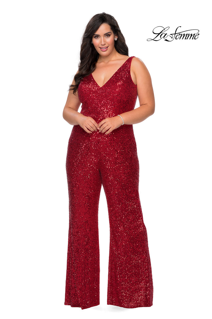 Picture of: Sequin Plus SIze Jumpsuit with Plunging Neckline in Red, Style: 29003, Detail Picture 1