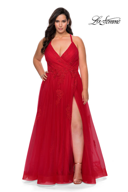 Picture of: Plus Size A-line Tulle Prom Dress with Floral Detailing in Red, Style: 29021, Detail Picture 1
