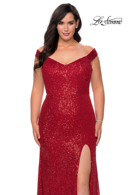Picture of: Sequin Plus Size Dress with Off the Shoulder Detail in Red, Style: 29023, Detail Picture 1