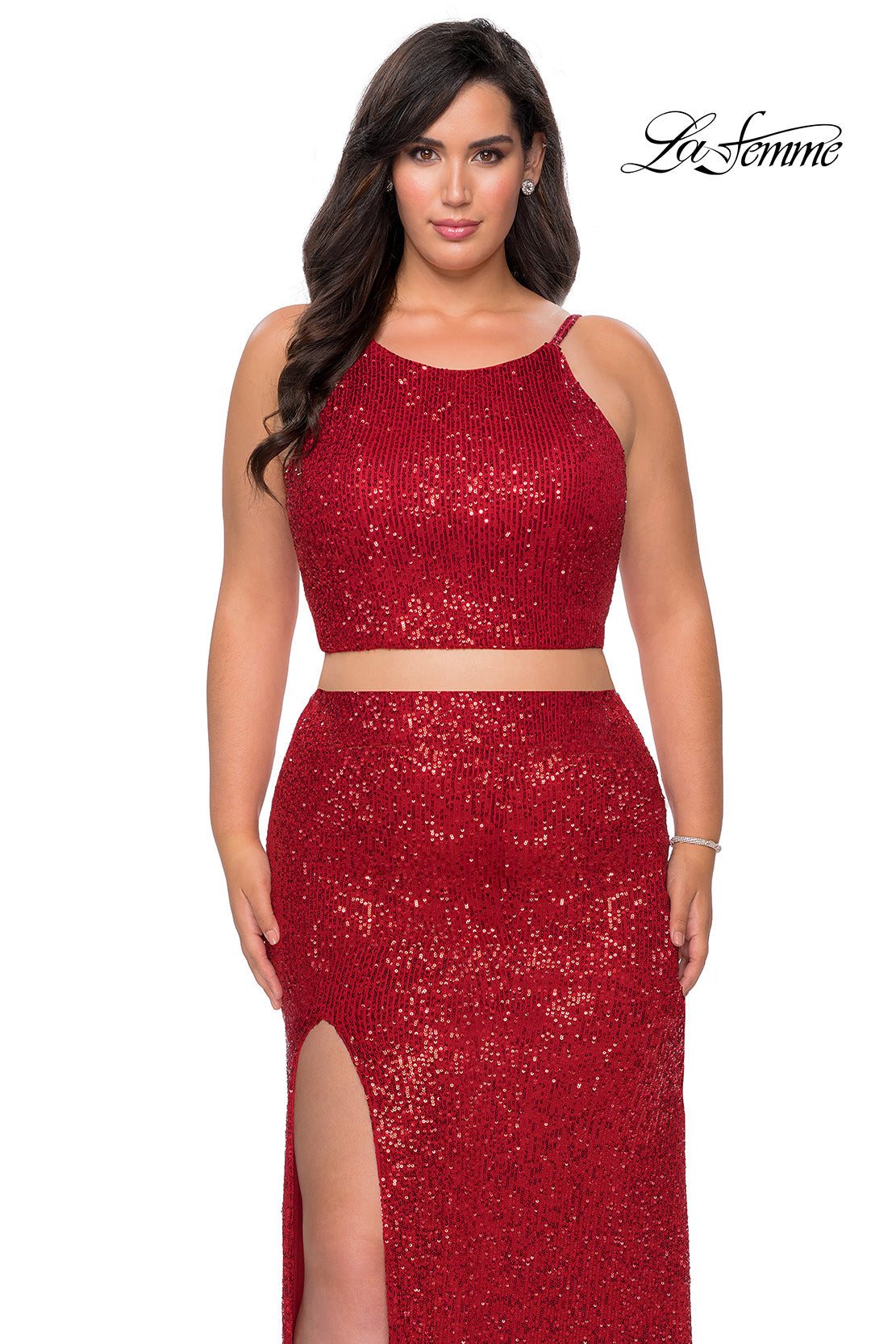 Picture of: Two Piece Long Sequin Plus Size Prom Dress in Red, Style: 29026, Detail Picture 1