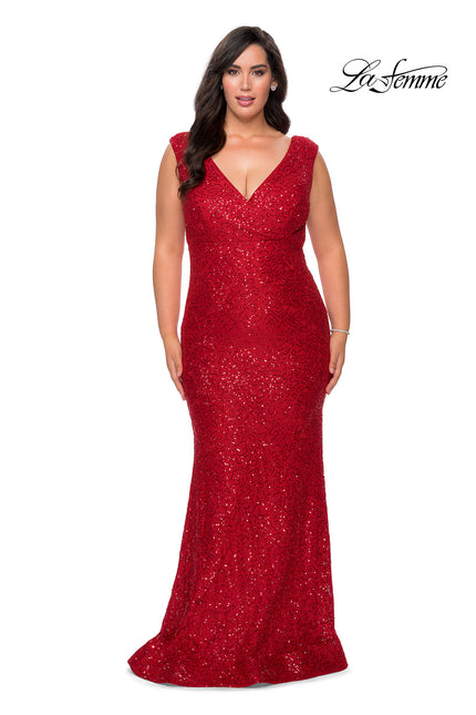Picture of: Curvy Stretch Lace Dress with V-Neck and Rhinestones in Red, Style: 28837, Detail Picture 2