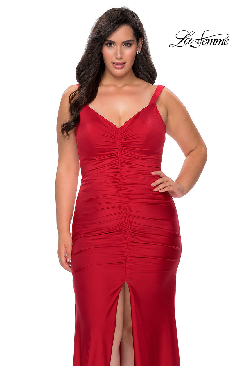Picture of: Curvy Jersey Prom Dress with Center Slit and Ruching in Red, Style: 29027, Detail Picture 4