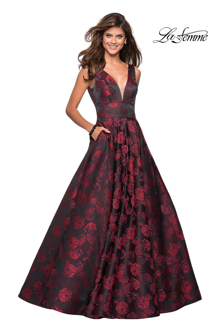 Picture of: Floral A Line Ball Gown with V Back and Pockets in Red, Style: 27298, Main Picture