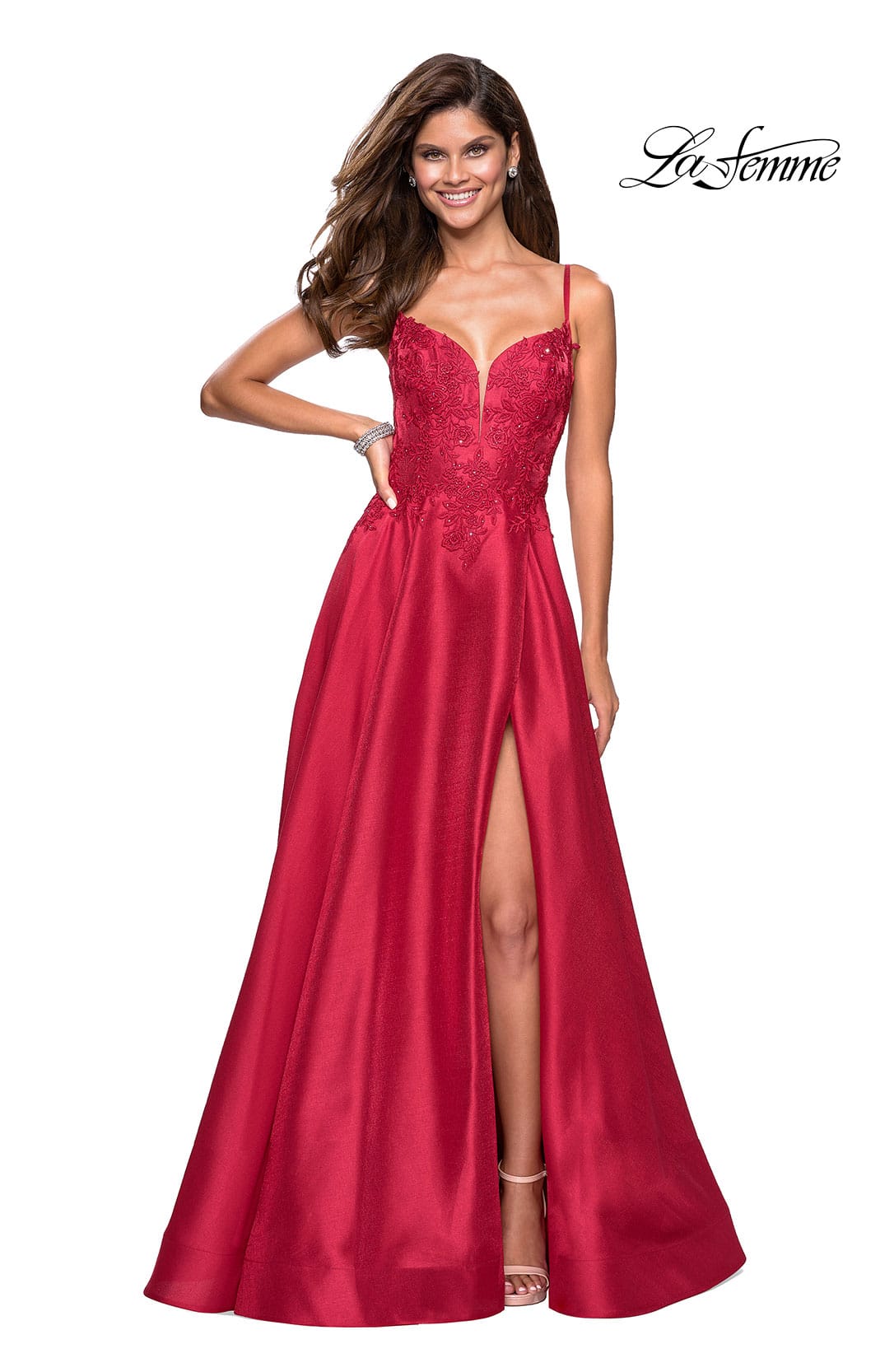 Picture of: Long Ball Gown with Lace and Rhinestone Bodice in Red, Style: 27528, Main Picture