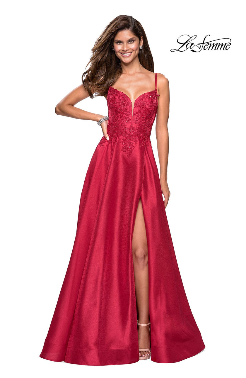 Picture of: Long Ball Gown with Lace and Rhinestone Bodice in Red, Style: 27528, Main Picture