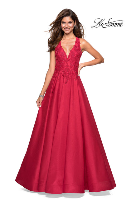 Picture of: Floor Length Mikado Gown with Lace and Rhinestones in Red, Style: 27529, Main Picture