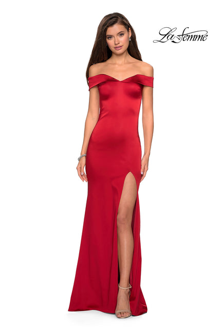 Picture of: Form Fitting Off the Shoulder Satin Prom Dress in Red, Style: 27752, Main Picture