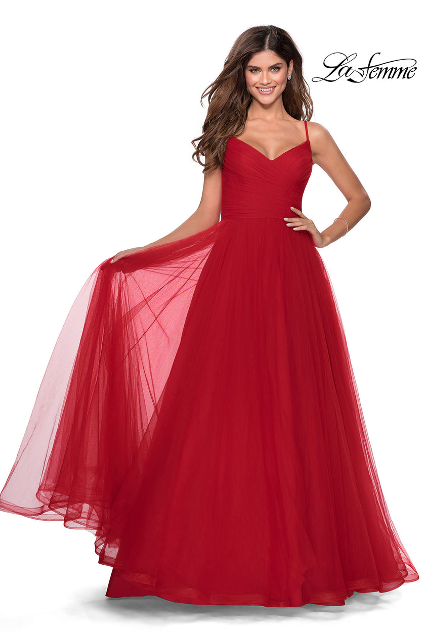 Picture of: Long Tulle Pleated Bodice Prom Gown with Pockets in Red, Style: 28123, Main Picture