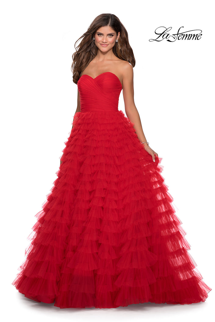 Picture of: Cascading Tulle Strapless Gown with Ruching in Red, Style: 28345, Main Picture