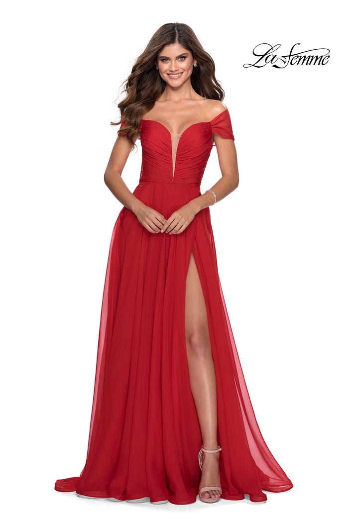 Picture of: Off the Shoulder Chiffon Gown with Plunging Neckline in Red, Style: 28546, Main Picture
