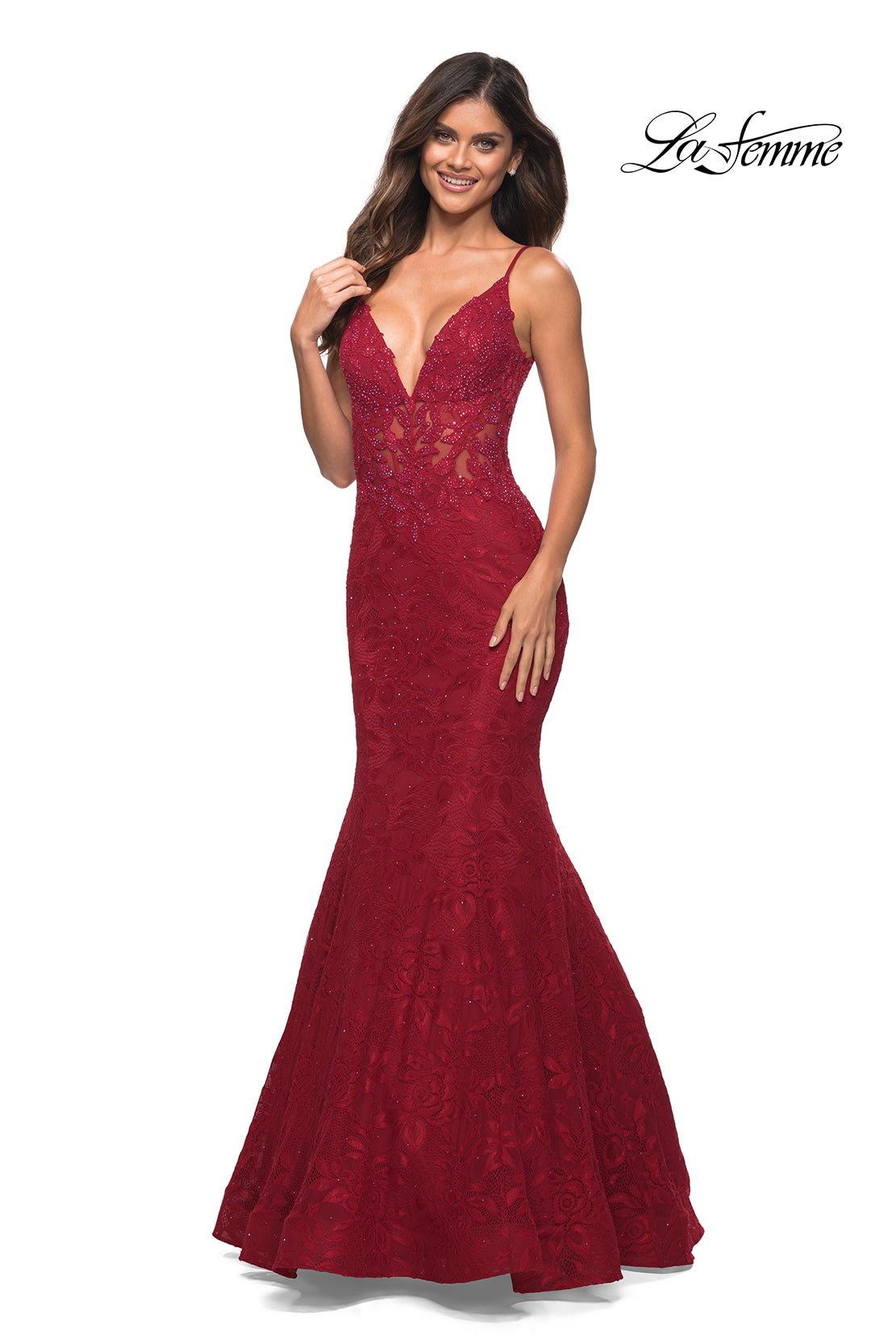 Picture of: Mermaid Lace Prom Dress with Sheer Jeweled Bodice in Red, Main Picture