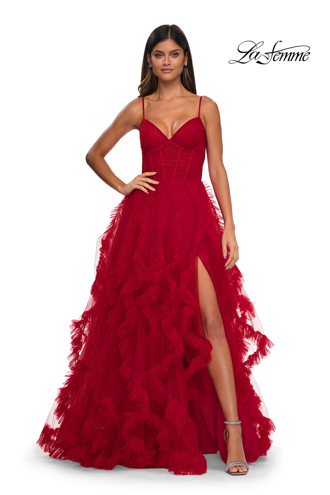 Picture of: Ruffle Tulle Dress with Unique Skirt and Illusion Corset Bodice in Red, Style: 32719, Main Picture