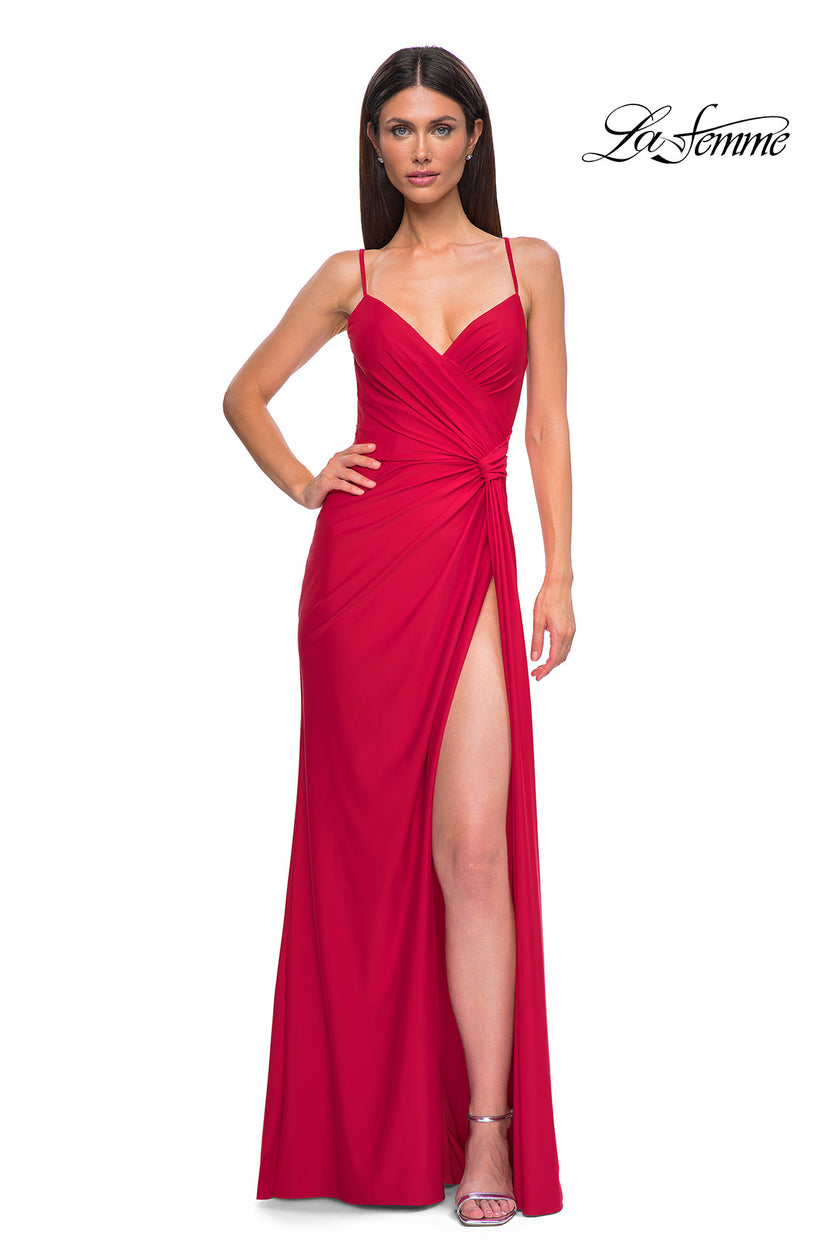 Picture of: Jersey Prom Dress with Unique Ruched Waist and Lace Up Back in Red , Style 32977, Main Picture