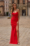 Picture of: Strapless Net Jersey Gown with Corset Bodice and High Slit in Red, Style: 33445, Main Picture