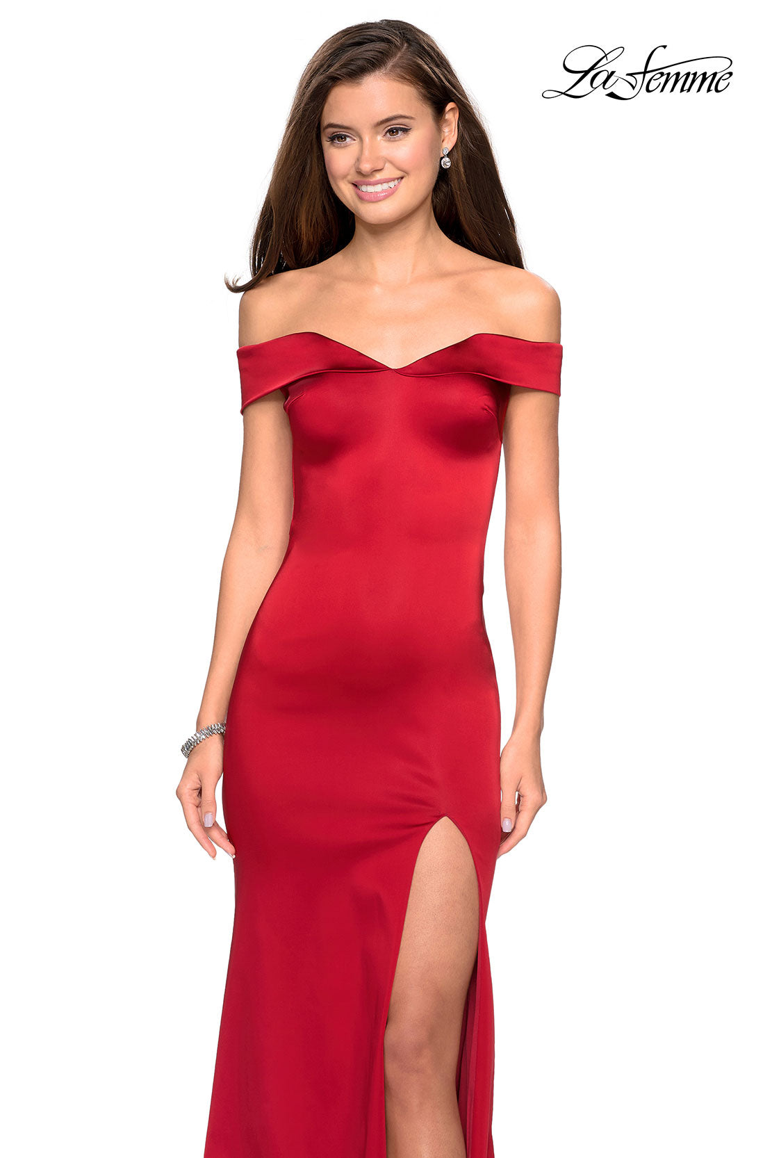 Picture of: Form Fitting Off the Shoulder Satin Prom Dress in Red, Style: 27752, Detail Picture 8