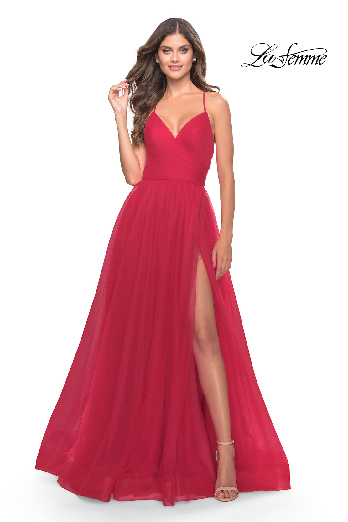 Picture of: Long Tulle A-line Gown with Side Slit and Pockets in Red, Style: 28561, Detail Picture 8