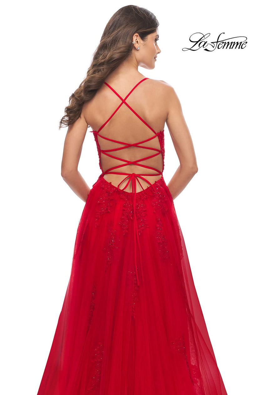 Picture of: A-line Tulle Gown with Floral Embroidery and Pockets in Red, Style: 31135, Detail Picture 8