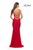 Picture of: Bedazzled Rhinestone Jersey Gown with Deep V Neckline in Red, Style: 31215, Detail Picture 8