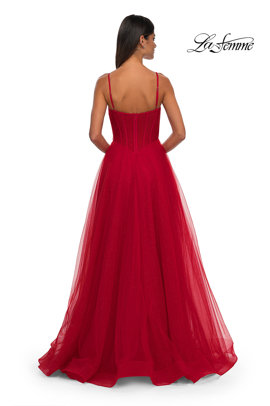 Picture of: Prom Dress with Sparkle Tulle and Ruched Corset Top in Red, Style: 32680, Detail Picture 8