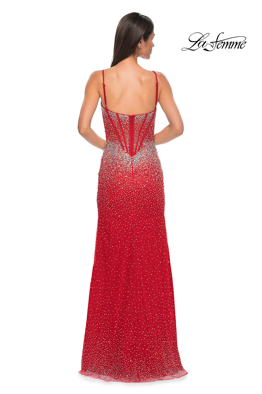 Picture of: Rhinestone Embellished Fitted Prom Dress with Corset and Deep V in Red , Style 32717, Detail Picture 8
