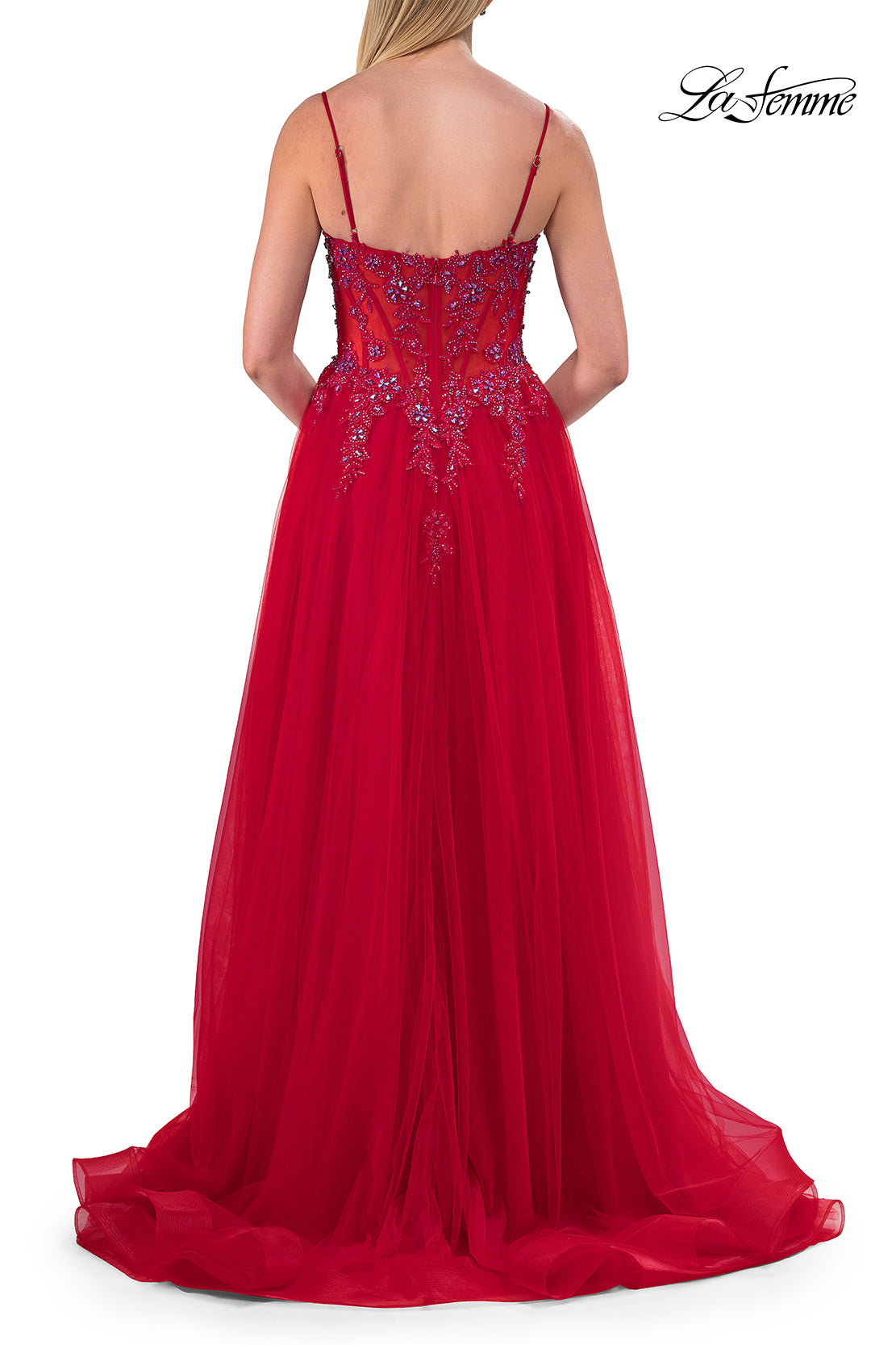 Picture of: Beaded Tulle A-Line Gown with Sheer Corset Bodice in Red, Style: 33702, Detail Picture 8