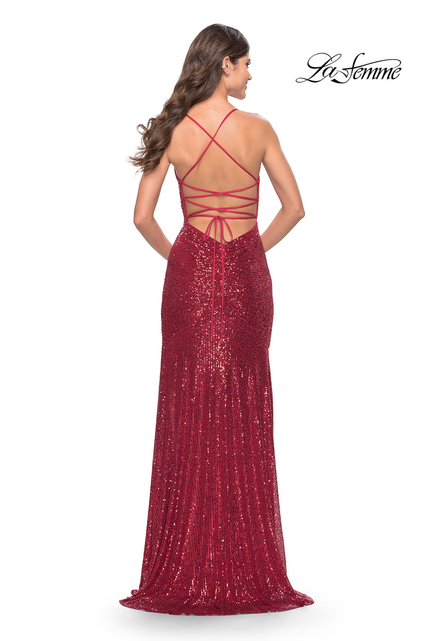 Picture of: Lace Up Back Sequin Gown with Flare Skirt in Red, Style: 31508, Detail Picture 9