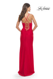 Picture of: Ruched Jersey Dress with Lace Up Back in Red, Style: 31572, Detail Picture 9