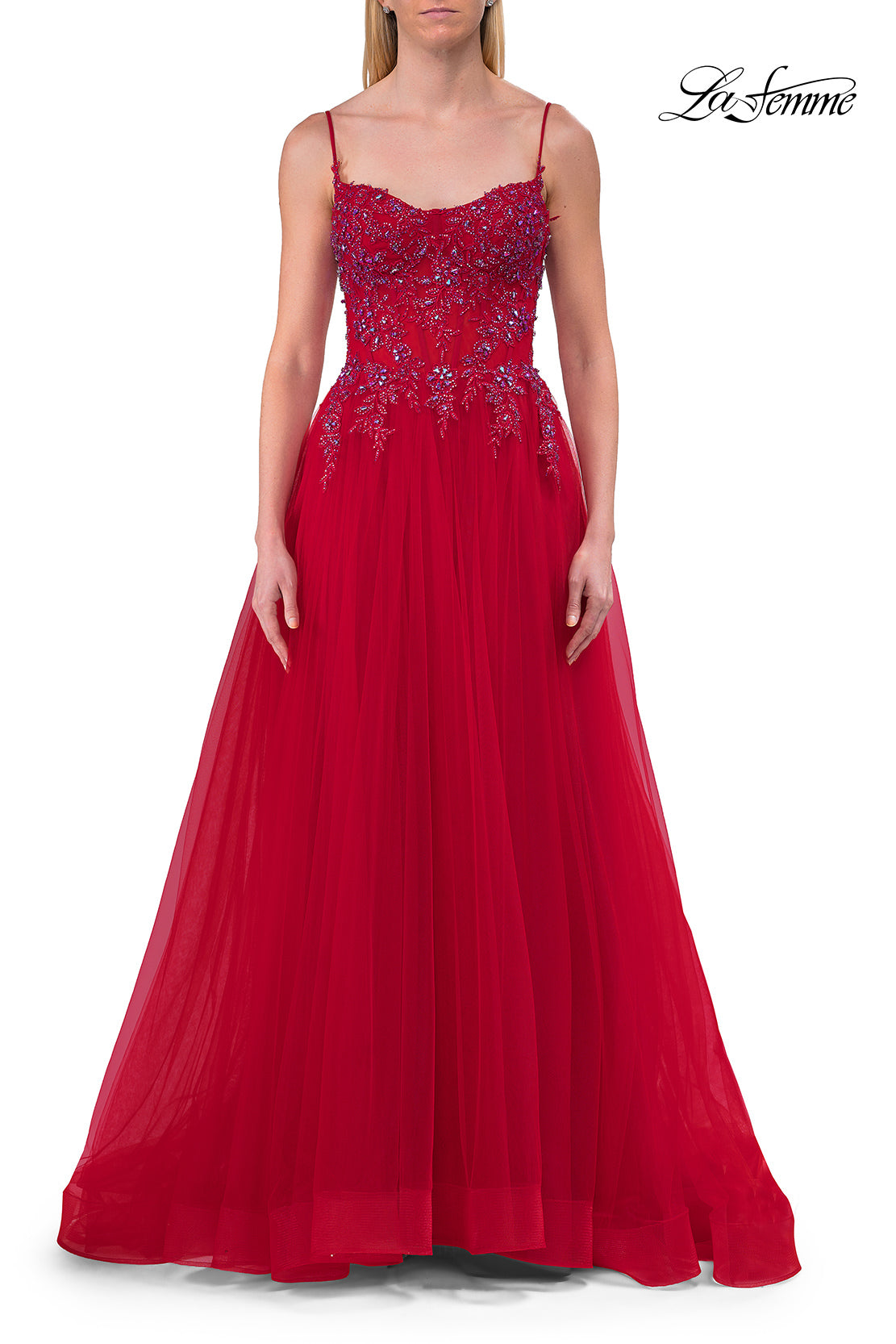 Picture of: Beaded Tulle A-Line Gown with Sheer Corset Bodice in Red, Style: 33702, Detail Picture 9