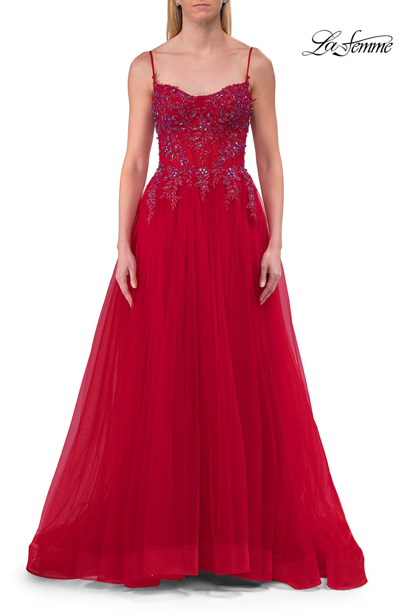 Picture of: Beaded Tulle A-Line Gown with Sheer Corset Bodice in Red, Style: 33702, Detail Picture 9