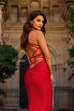 Picture of: Ruched Jersey Gown with Crisscross Open Back in Red, Style: 33723, Detail Picture 9