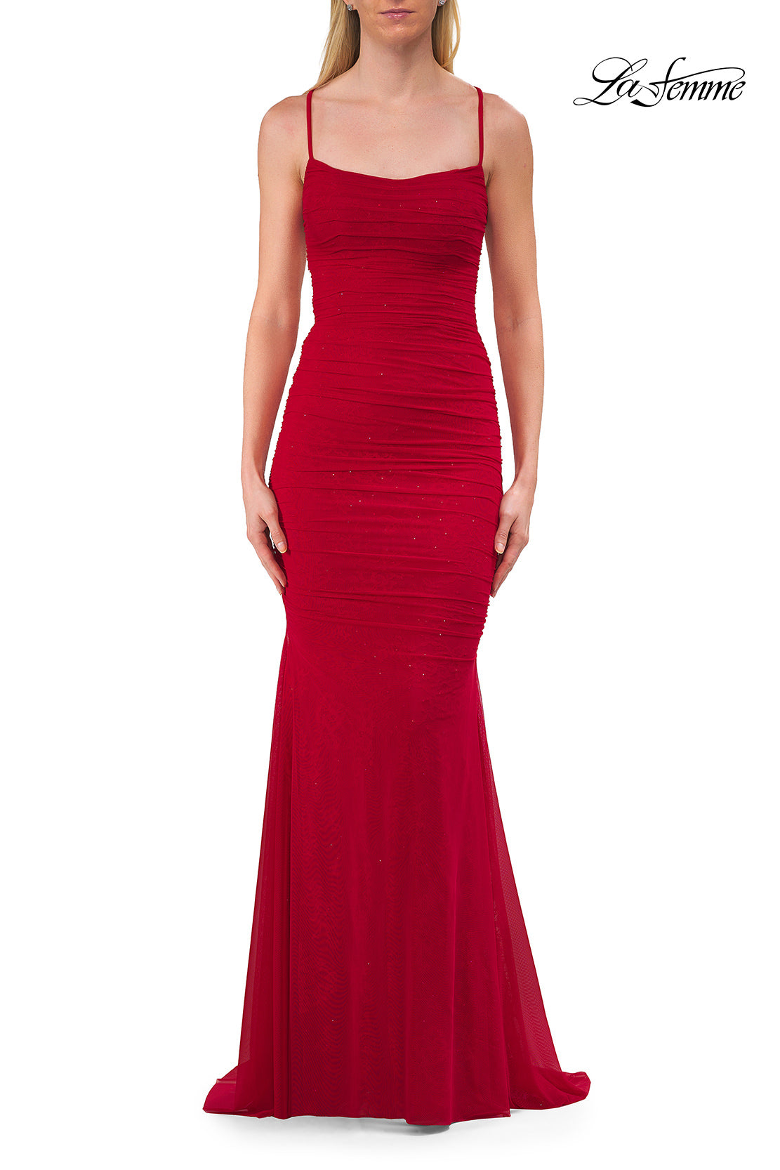 Picture of: Ruched Lace Fitted Gown with Strappy Open Back in Red, Style: 33857, Detail Picture 9