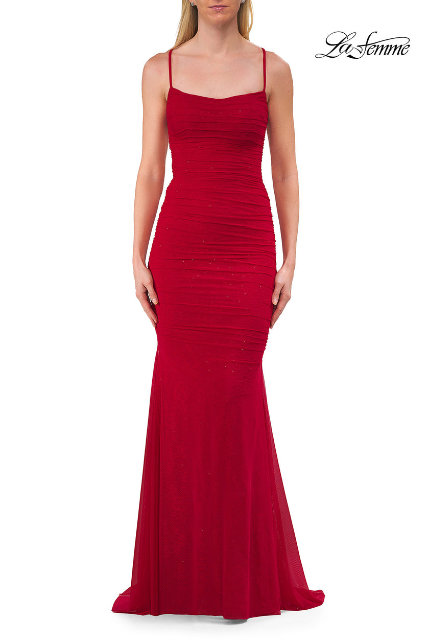 Picture of: Ruched Lace Fitted Gown with Strappy Open Back in Red, Style: 33857, Detail Picture 9