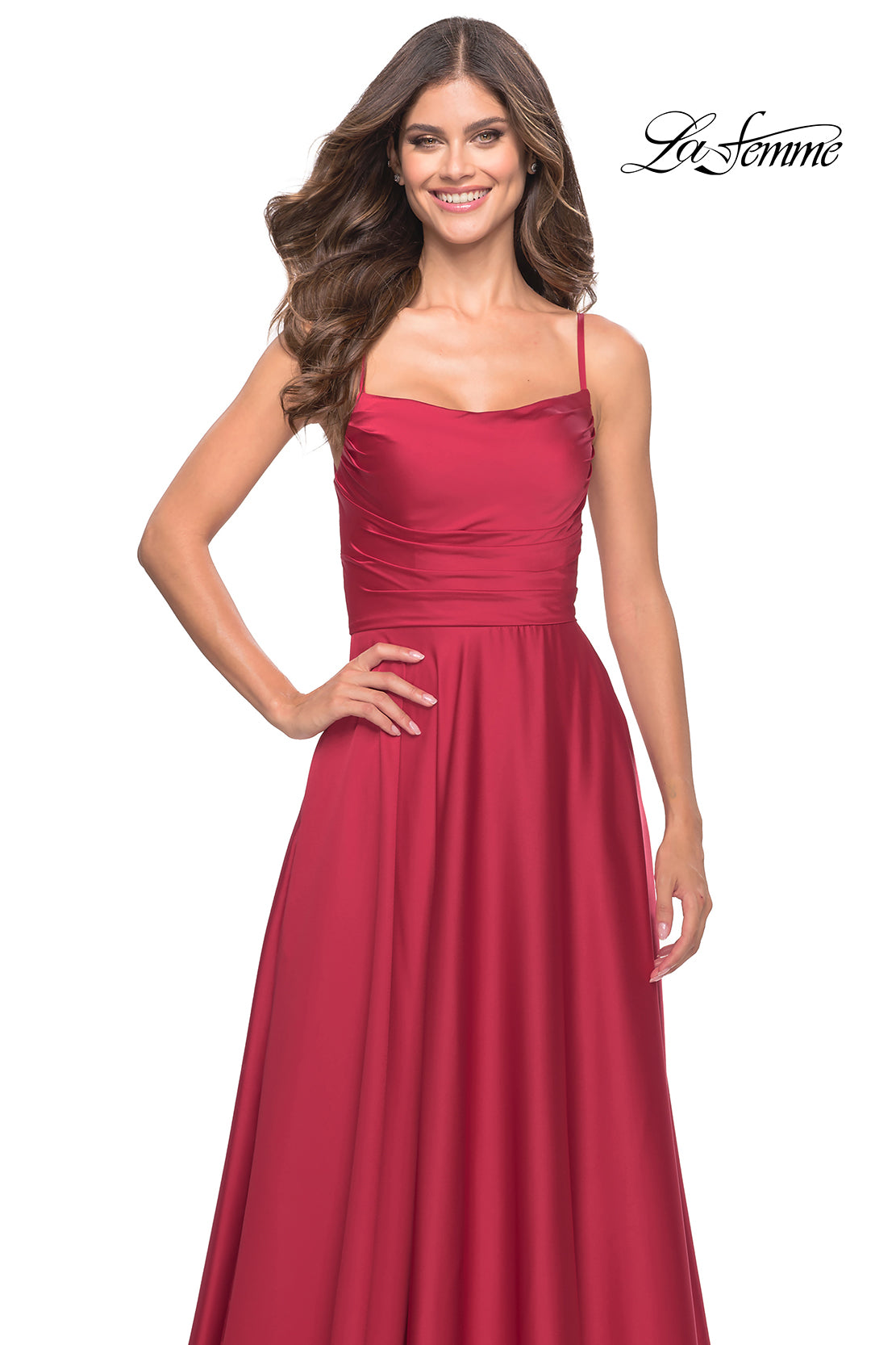 Picture of: A Line Satin Gown with Ruching and Square Neckline in Red, Style: 31105, Detail Picture 10