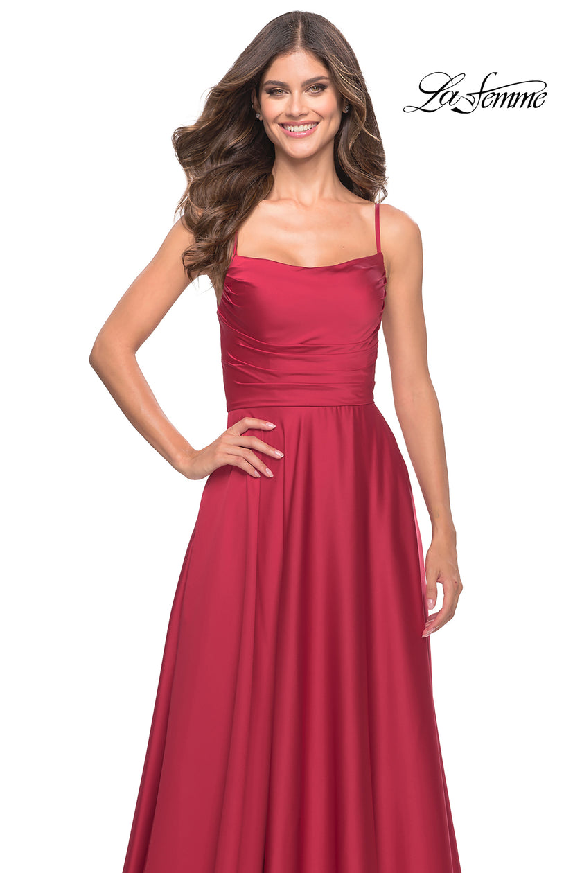 Picture of: A Line Satin Gown with Ruching and Square Neckline in Red, Style: 31105, Detail Picture 10