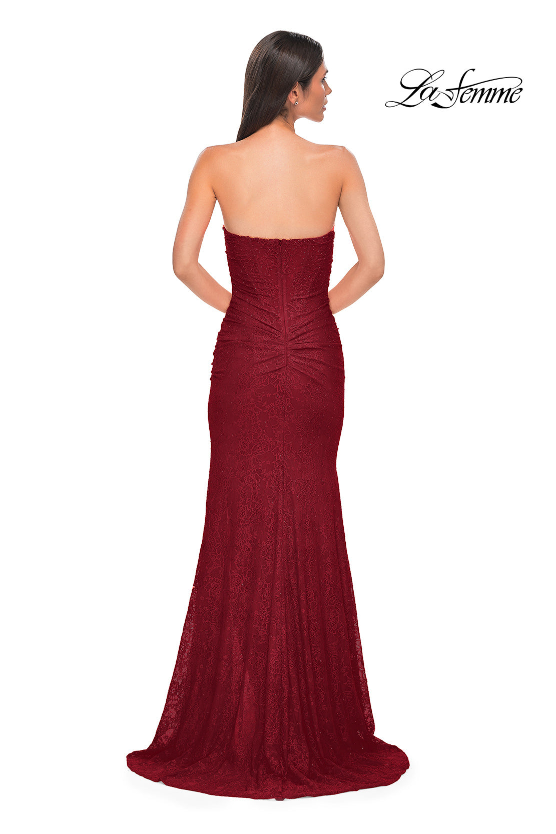 Picture of: Simple Long Stretch Lace Prom Dress with Ruching in Red , Style 32773, Detail Picture 10