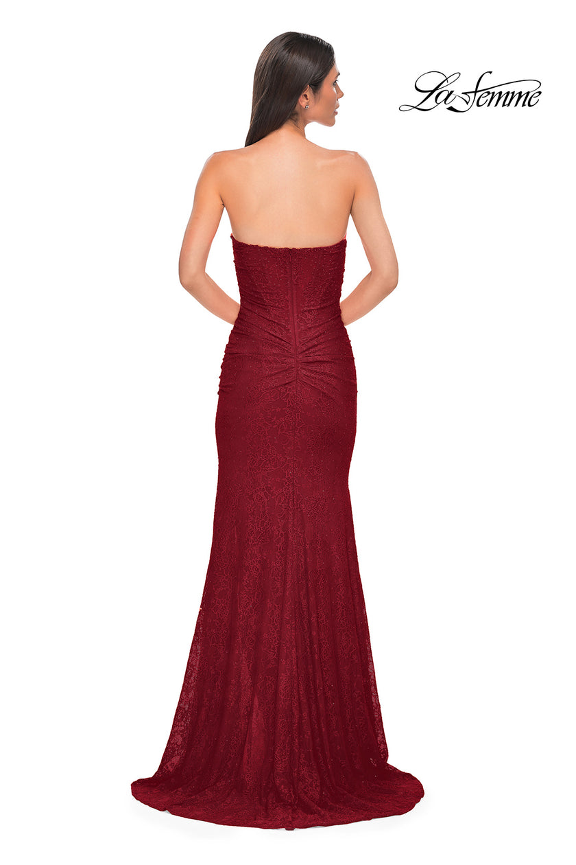 Picture of: Simple Long Stretch Lace Prom Dress with Ruching in Red , Style 32773, Detail Picture 10