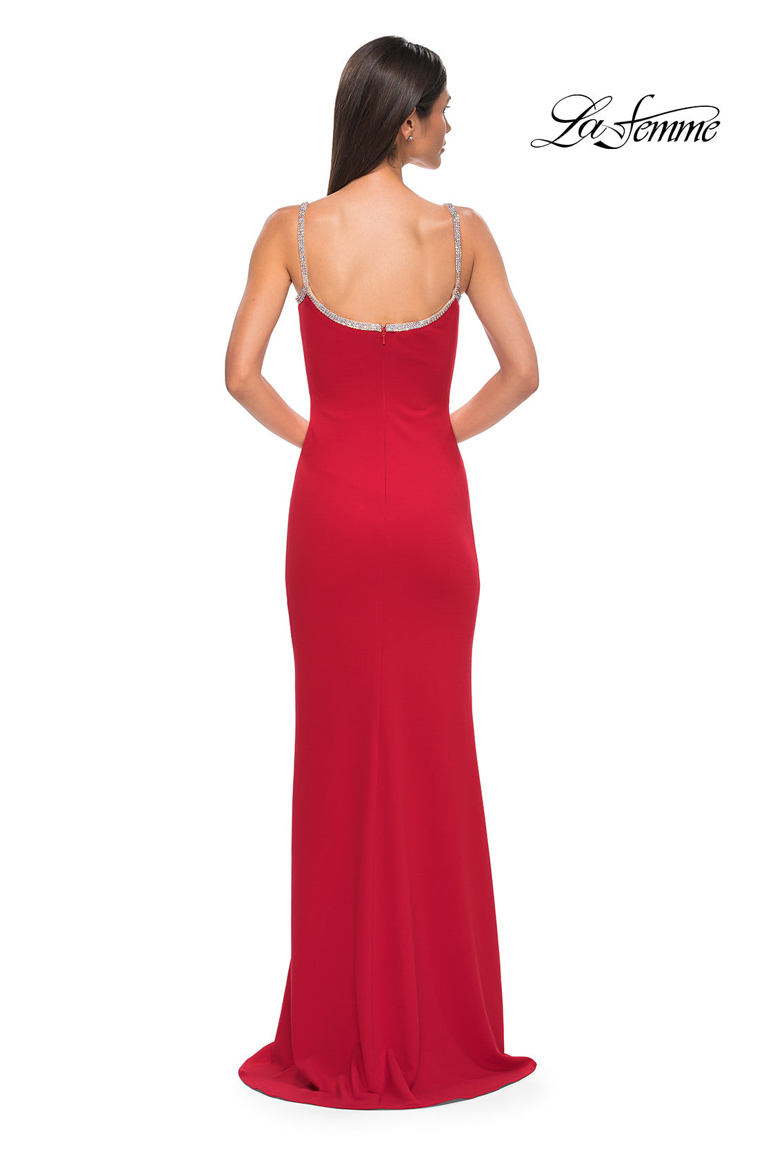 Picture of: Jersey Dress with Rhinestone Edge Square Neckline and Straps in Red , Style 32844, Detail Picture 10