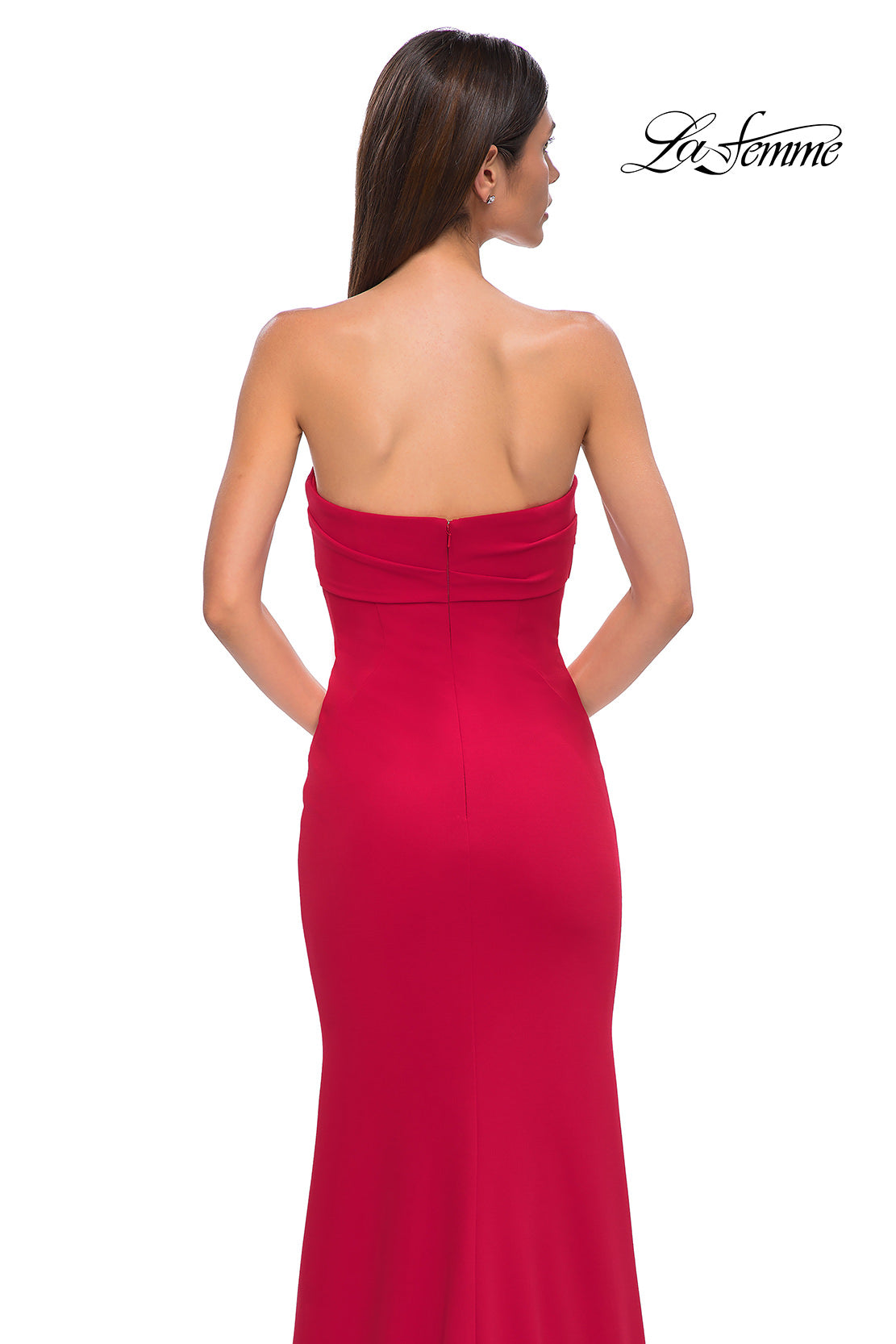Picture of: Simple Strapless Jersey Dress with Criss Cross Bodice in Red , Style 32863, Detail Picture 10
