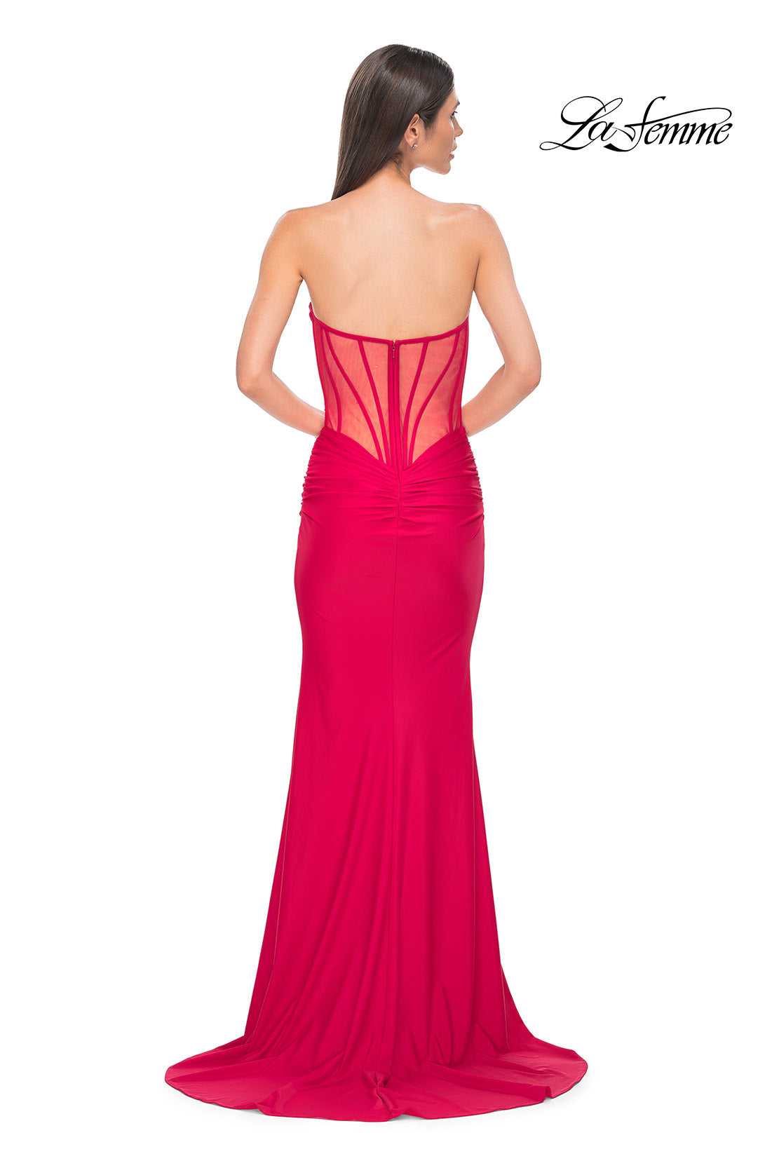 Picture of: Strapless Corset Style Prom Dress with Illusion Back in Red , Style 32941, Detail Picture 10