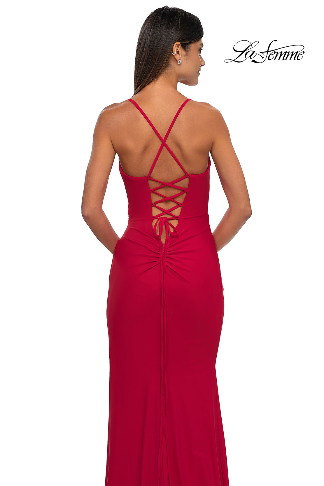 Picture of: Simple Prom Dress with Side Ruching and Lace Up Back in Red , Style: 33103, Detail Picture 10