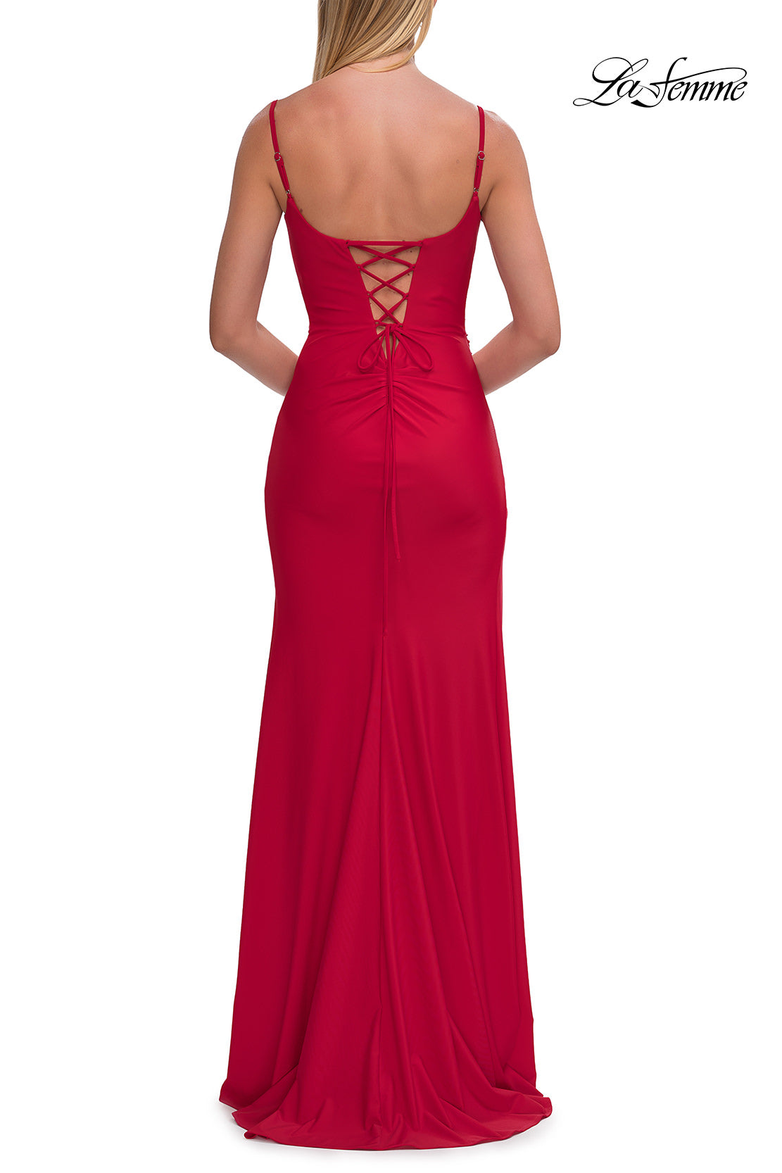 Picture of: Cowl Neck Fitted Gown with Slit and Lace-Up Back in Red, Style: 33365, Detail Picture 10