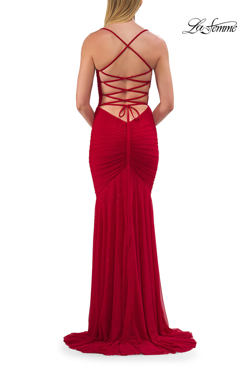 Picture of: Ruched Lace Fitted Gown with Strappy Open Back in Red, Style: 33857, Detail Picture 10