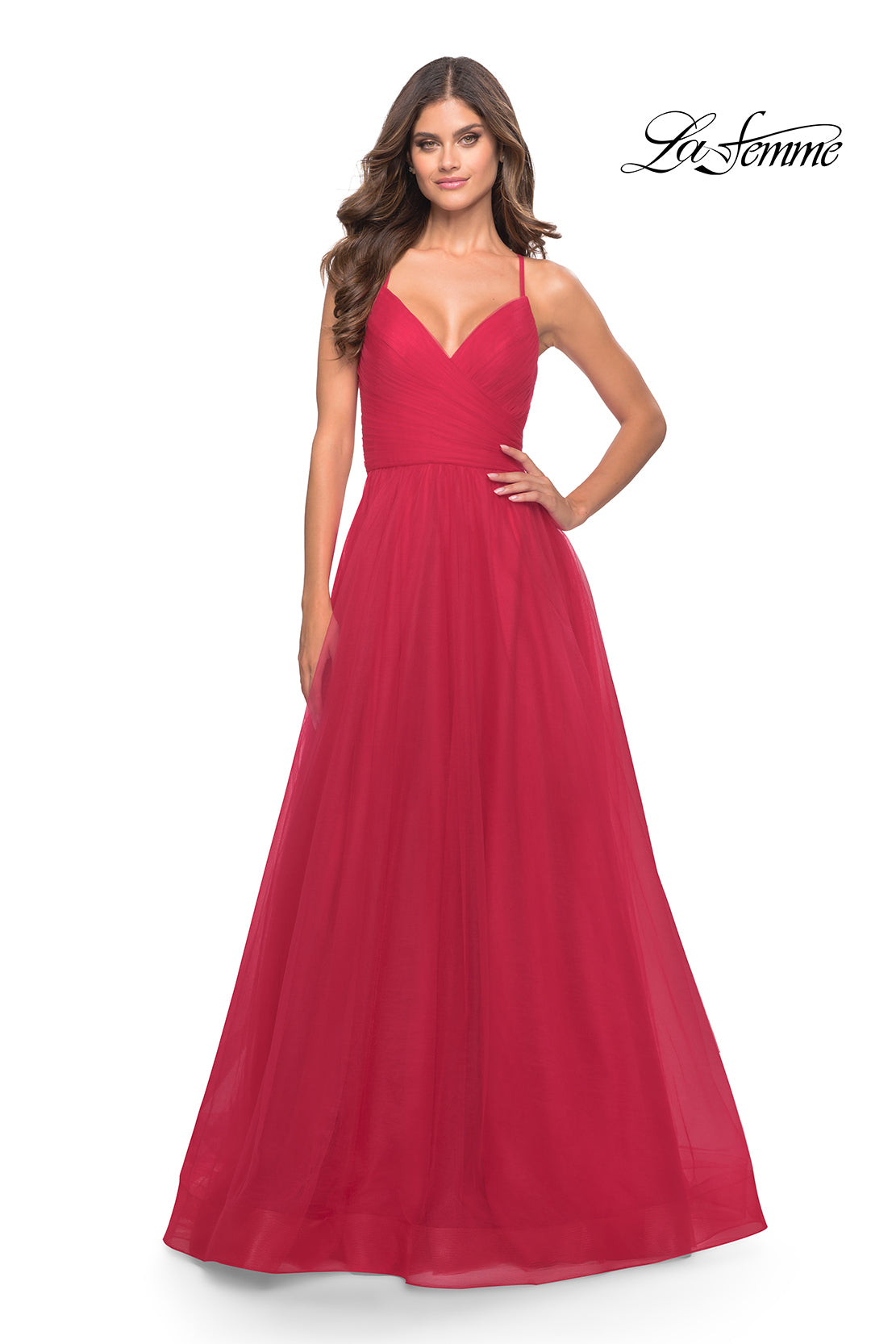 Picture of: Long Tulle A-line Gown with Side Slit and Pockets in Red, Style: 28561, Detail Picture 11