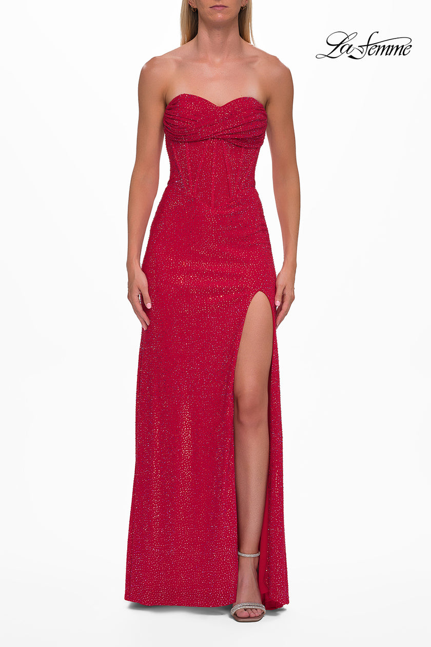 Picture of: Strapless Rhinestone Corset Gown with Sweetheart Neckline and High Slit in Red, Style: 33304, Detail Picture 11